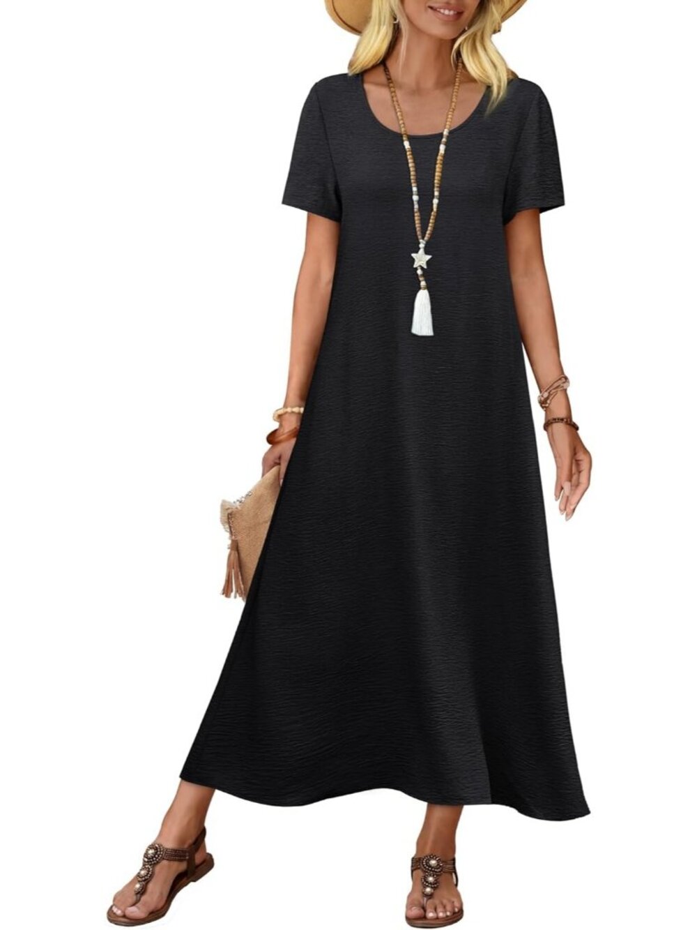 Women Dress Midi Black Polyester Crew Neck Short Sleeve Lightweight  Summer